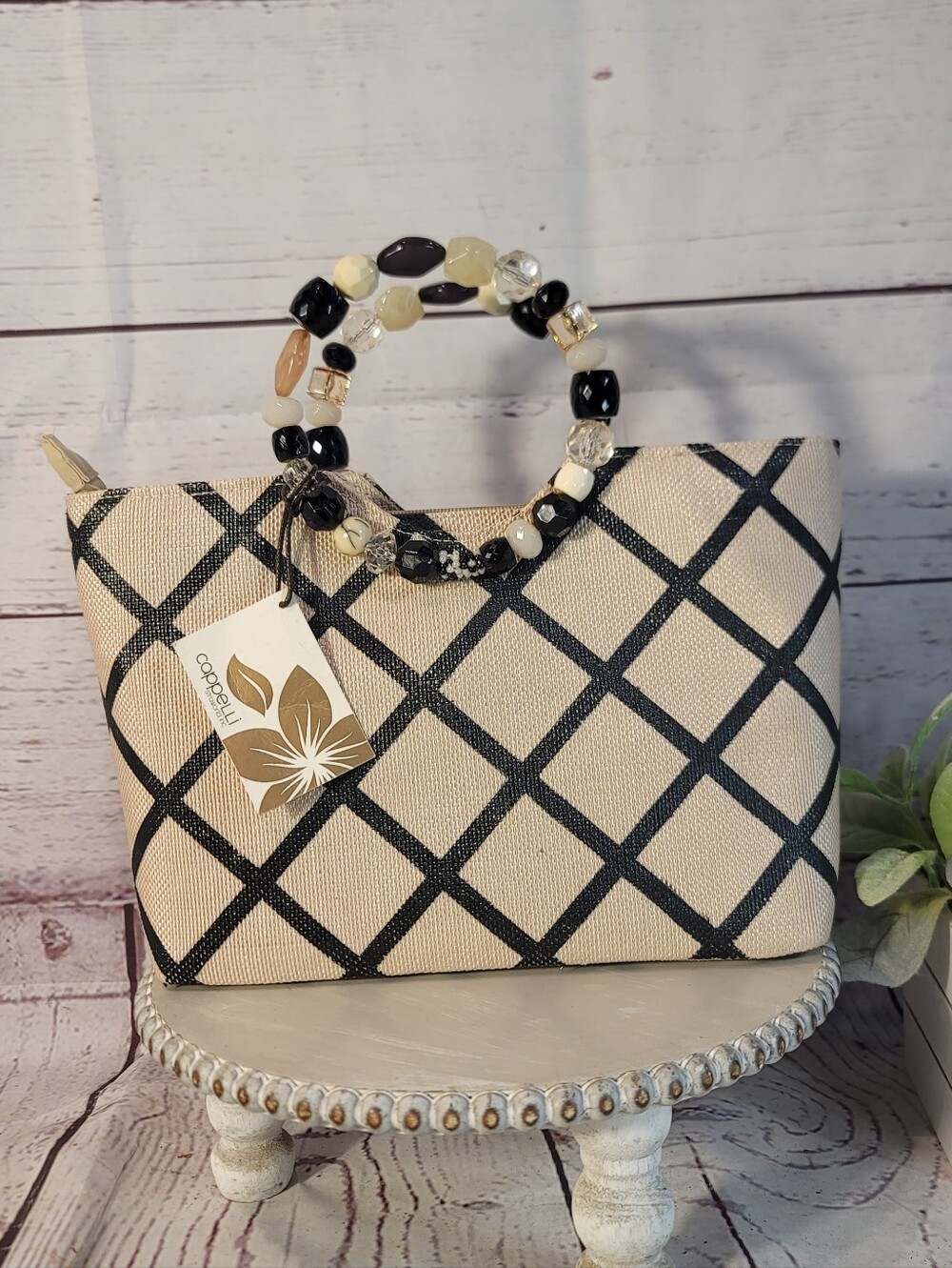 Cappelli Straworld Woven Diamond Grid Top Handle Tote Bag-Jewel Beaded Handles